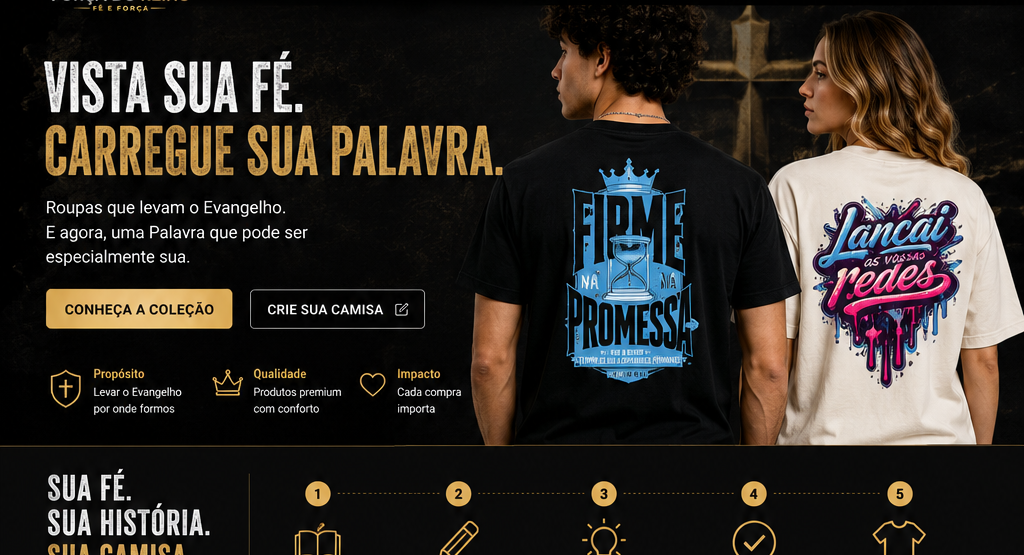 Capa Força do Reino com homem e mulher usando as camisetas da marca